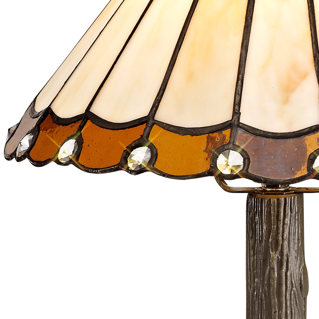 NLK02619 Umbrian 1 Light Tree Like Table Lamp With 30cm Tiffany Shade Amber/Chrome/Crystal/Aged Antique Brass