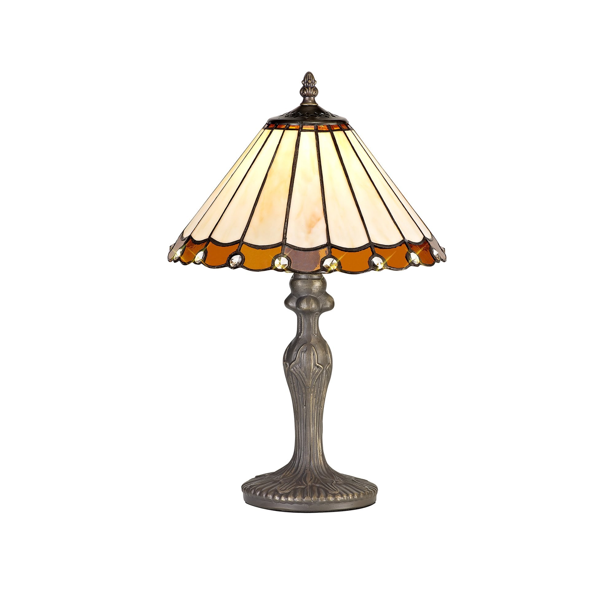 NLK02629 Umbrian 1 Light Curved Table Lamp With 30cm Tiffany Shade Amber/Chrome/Crystal/Aged Antique Brass