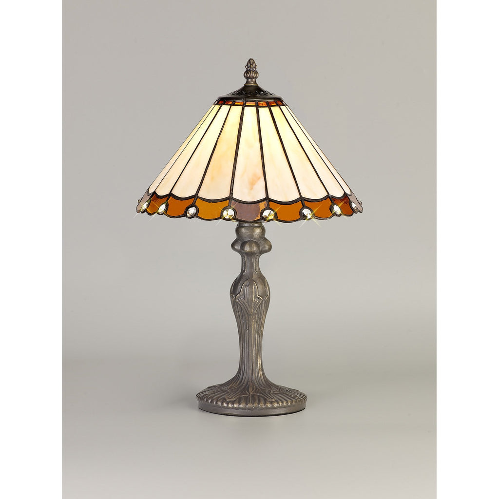 NLK02629 Umbrian 1 Light Curved Table Lamp With 30cm Tiffany Shade Amber/Chrome/Crystal/Aged Antique Brass