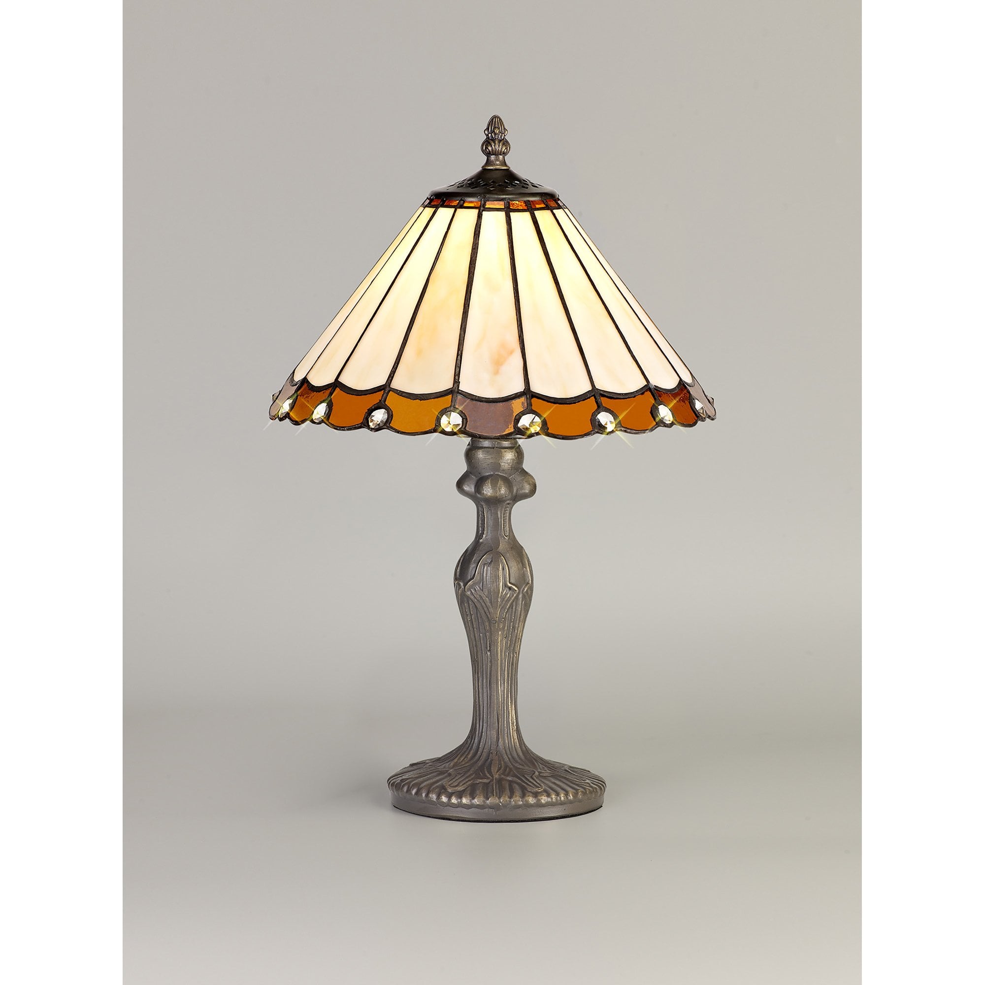 NLK02629 Umbrian 1 Light Curved Table Lamp With 30cm Tiffany Shade Amber/Chrome/Crystal/Aged Antique Brass