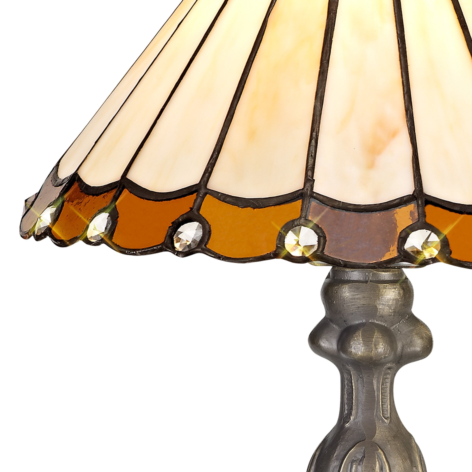 NLK02629 Umbrian 1 Light Curved Table Lamp With 30cm Tiffany Shade Amber/Chrome/Crystal/Aged Antique Brass
