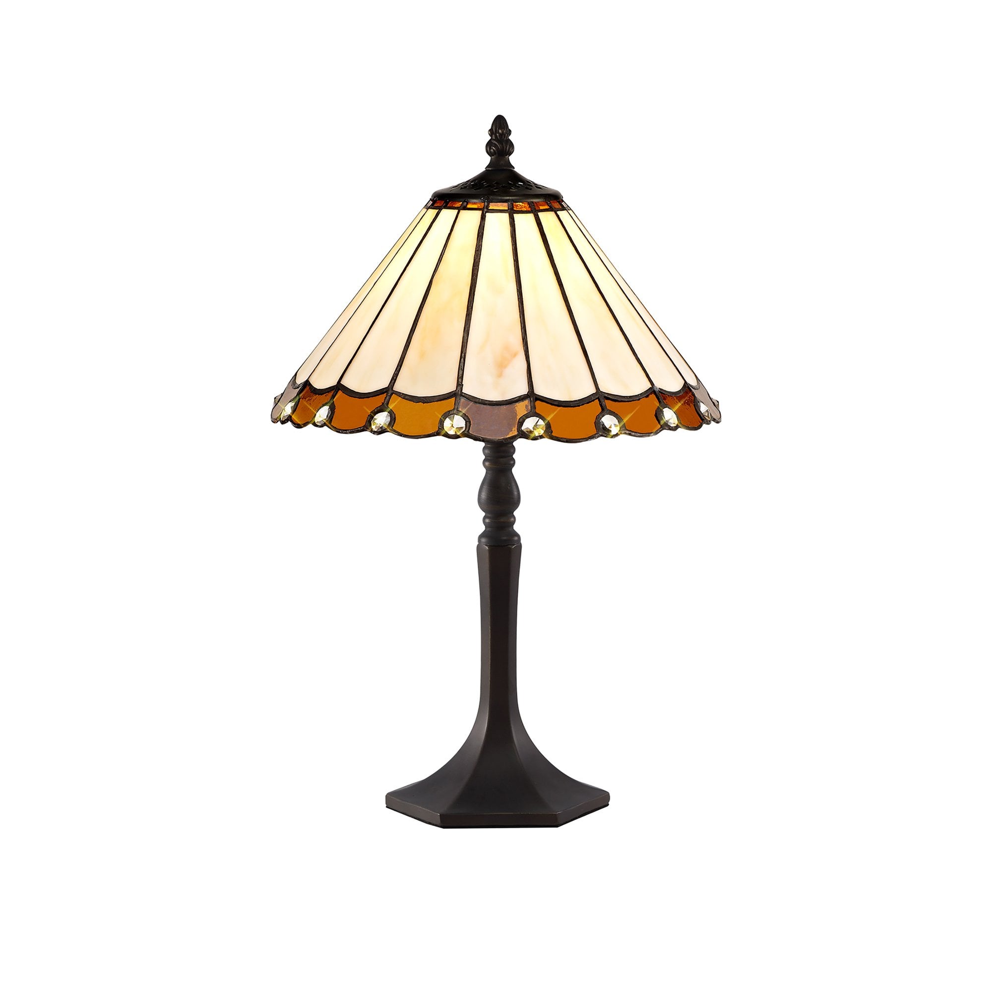 NLK02639 Umbrian 1 Light Octagonal Table Lamp With 30cm Tiffany Shade Amber/Chrome/Crystal/Aged Antique Brass