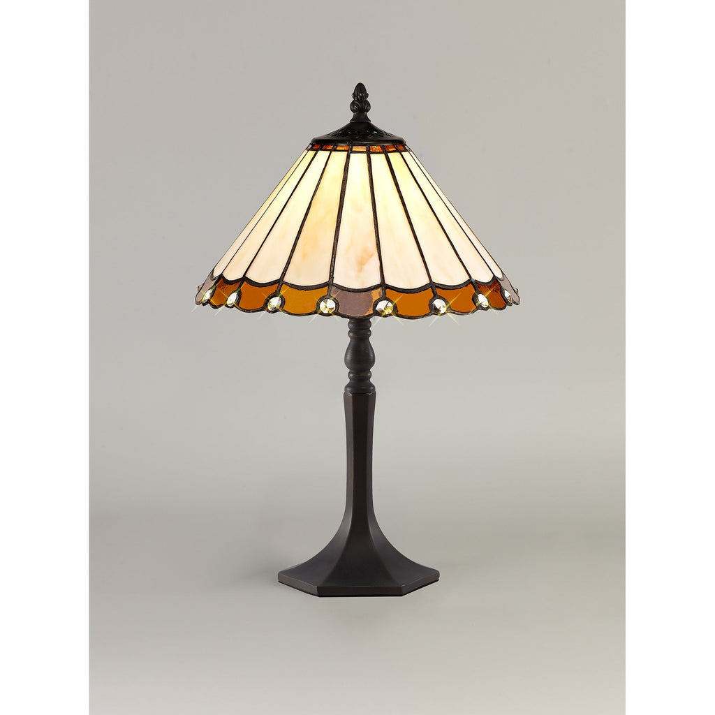 NLK02639 Umbrian 1 Light Octagonal Table Lamp With 30cm Tiffany Shade Amber/Chrome/Crystal/Aged Antique Brass