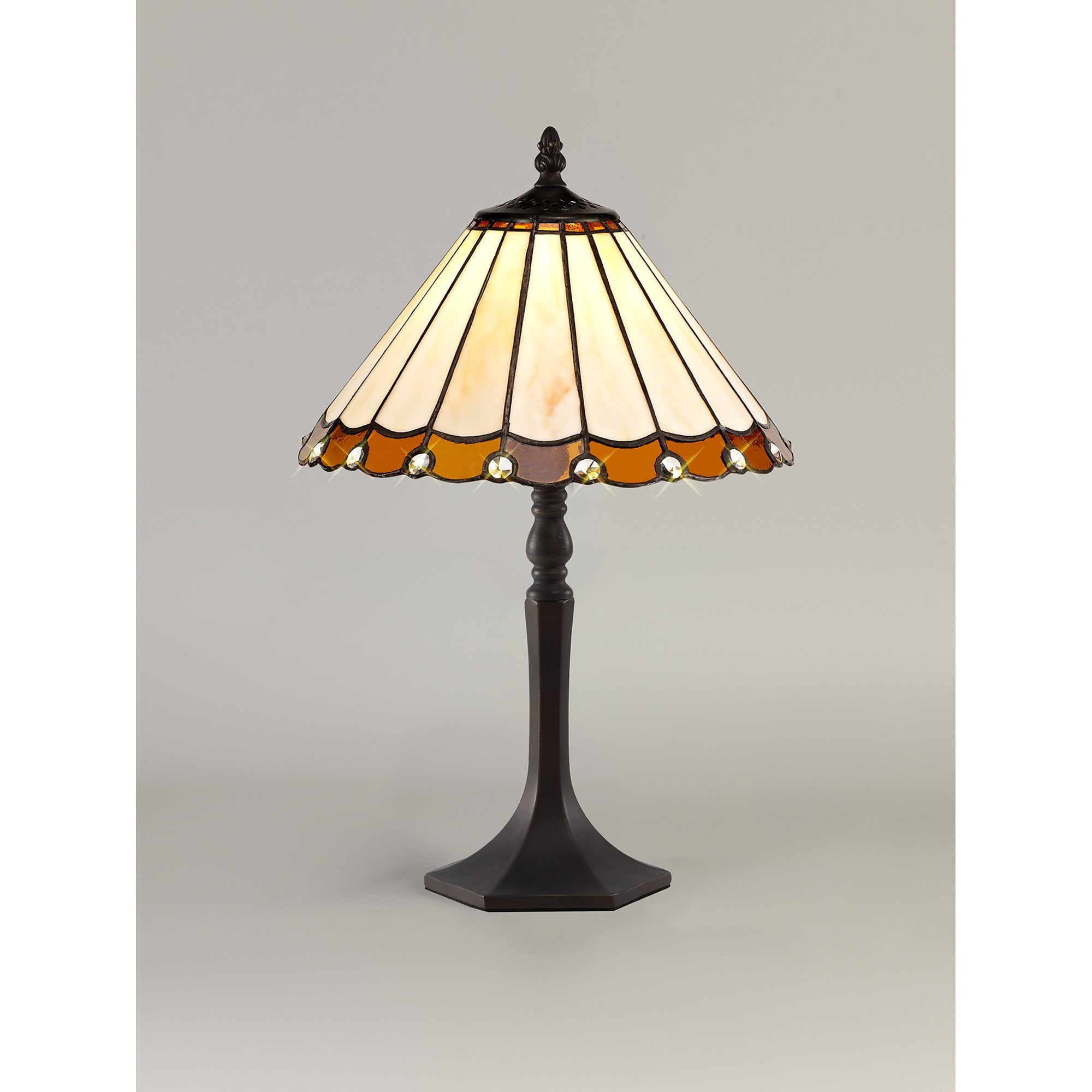 NLK02639 Umbrian 1 Light Octagonal Table Lamp With 30cm Tiffany Shade Amber/Chrome/Crystal/Aged Antique Brass