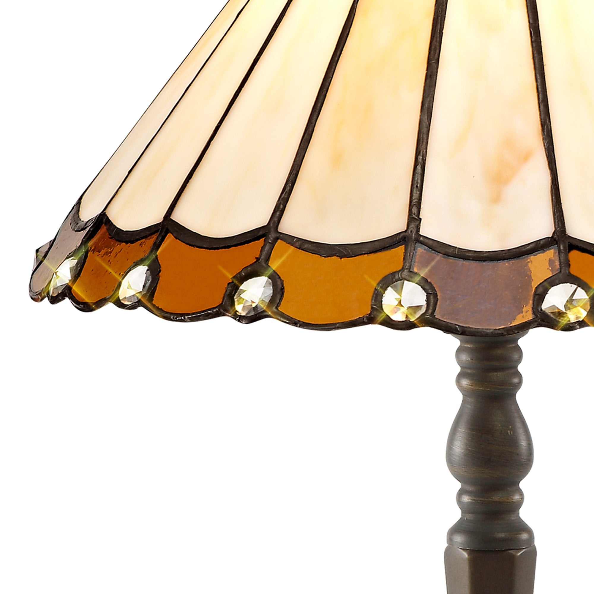 NLK02639 Umbrian 1 Light Octagonal Table Lamp With 30cm Tiffany Shade Amber/Chrome/Crystal/Aged Antique Brass