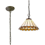 NLK02649 Umbrian 1 Light Down Lighter Pendant With 30cm Tiffany Shade Amber/Chrome/Crystal/Aged Antique Brass