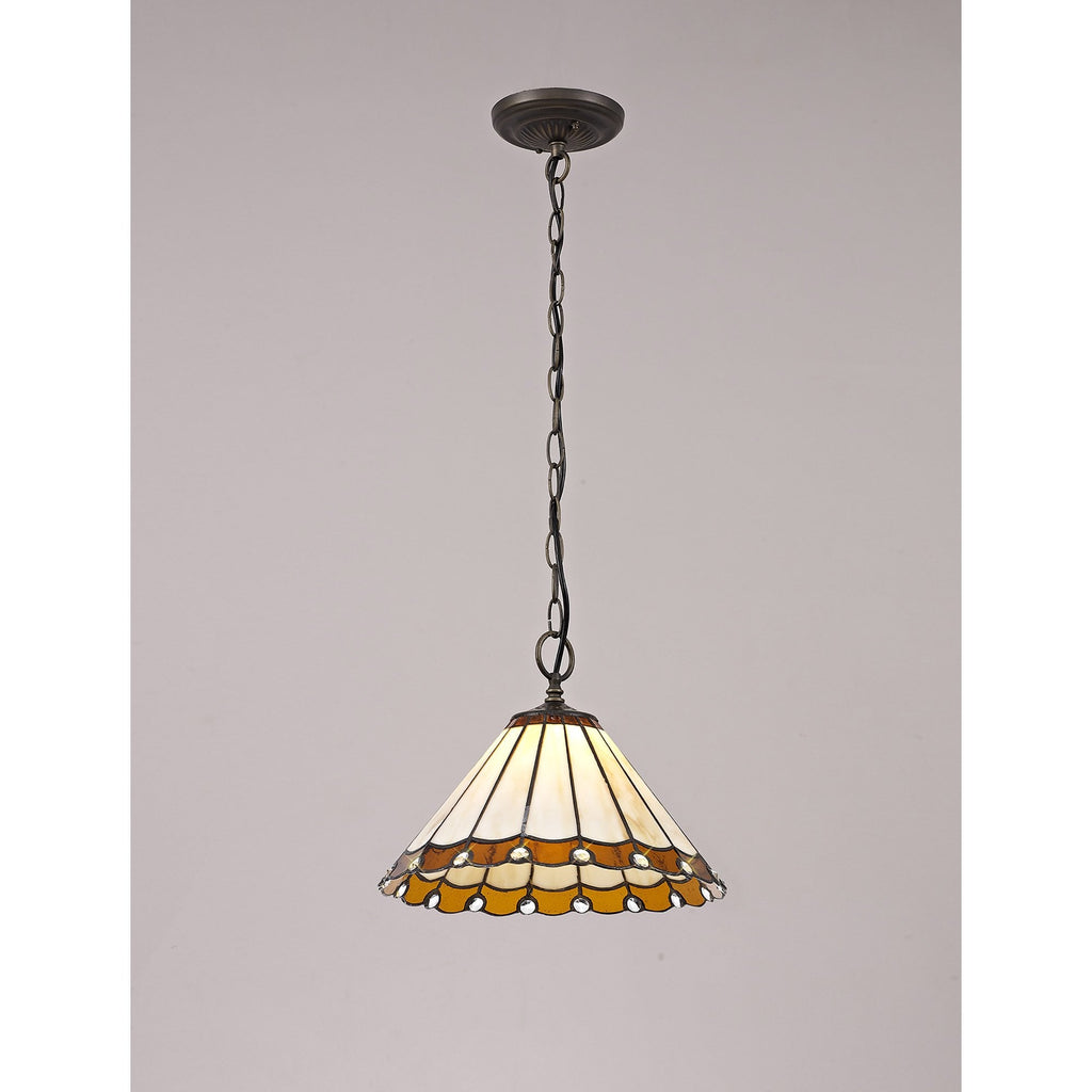 NLK02649 Umbrian 1 Light Down Lighter Pendant With 30cm Tiffany Shade Amber/Chrome/Crystal/Aged Antique Brass