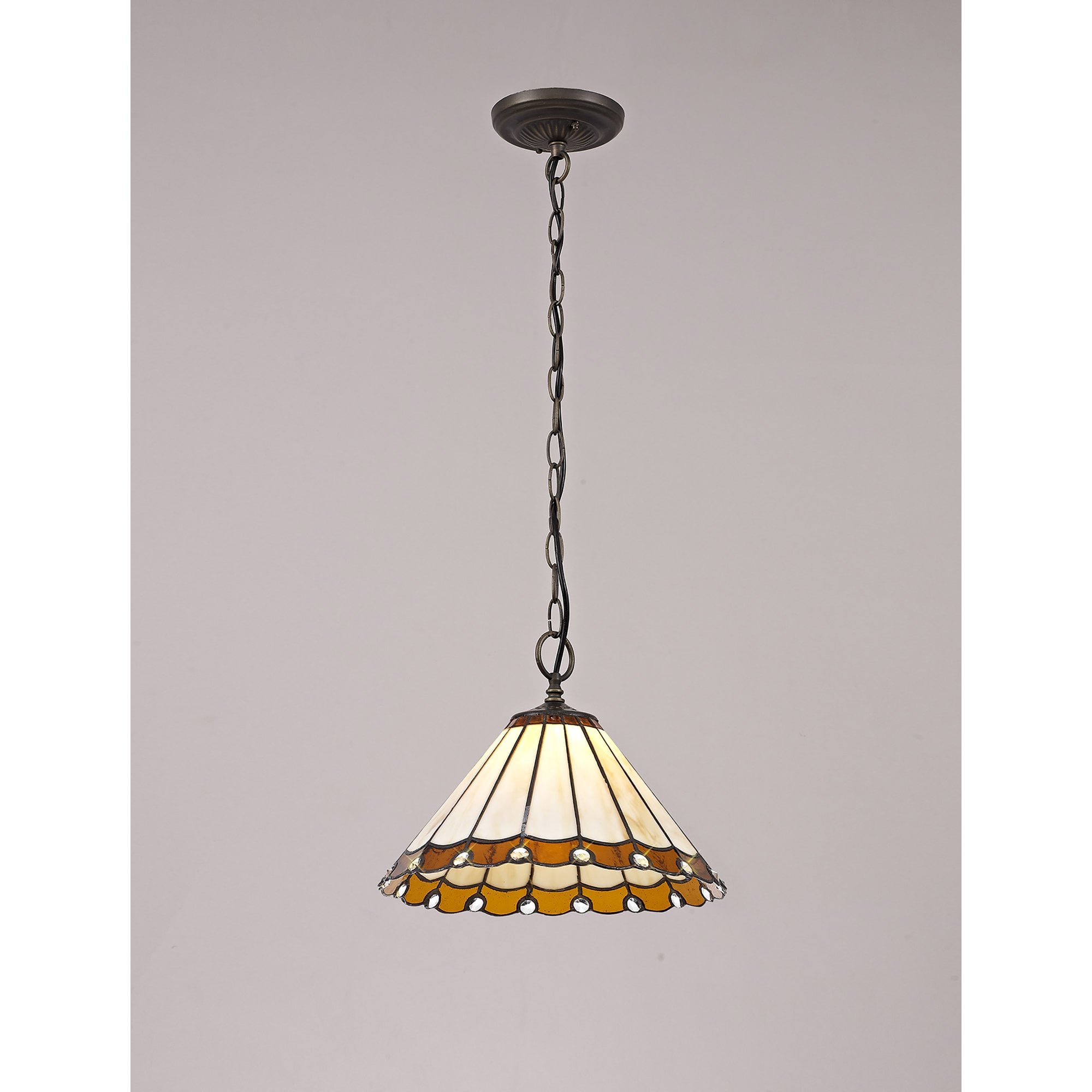 NLK02649 Umbrian 1 Light Down Lighter Pendant With 30cm Tiffany Shade Amber/Chrome/Crystal/Aged Antique Brass