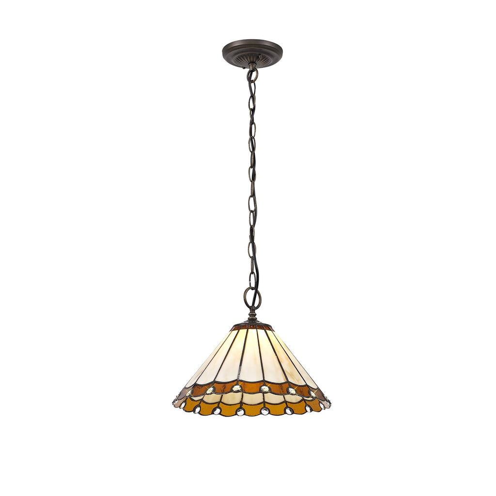 NLK02649 Umbrian 1 Light Down Lighter Pendant With 30cm Tiffany Shade Amber/Chrome/Crystal/Aged Antique Brass