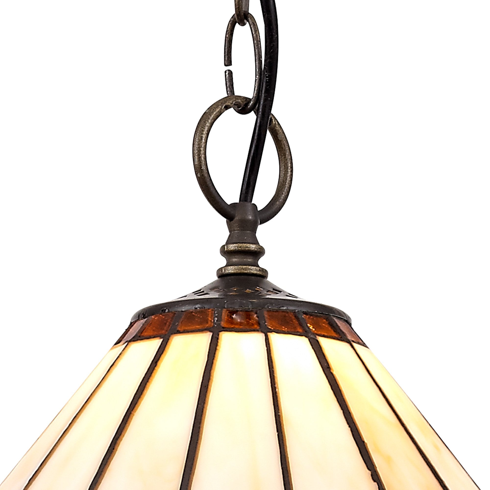 NLK02649 Umbrian 1 Light Down Lighter Pendant With 30cm Tiffany Shade Amber/Chrome/Crystal/Aged Antique Brass