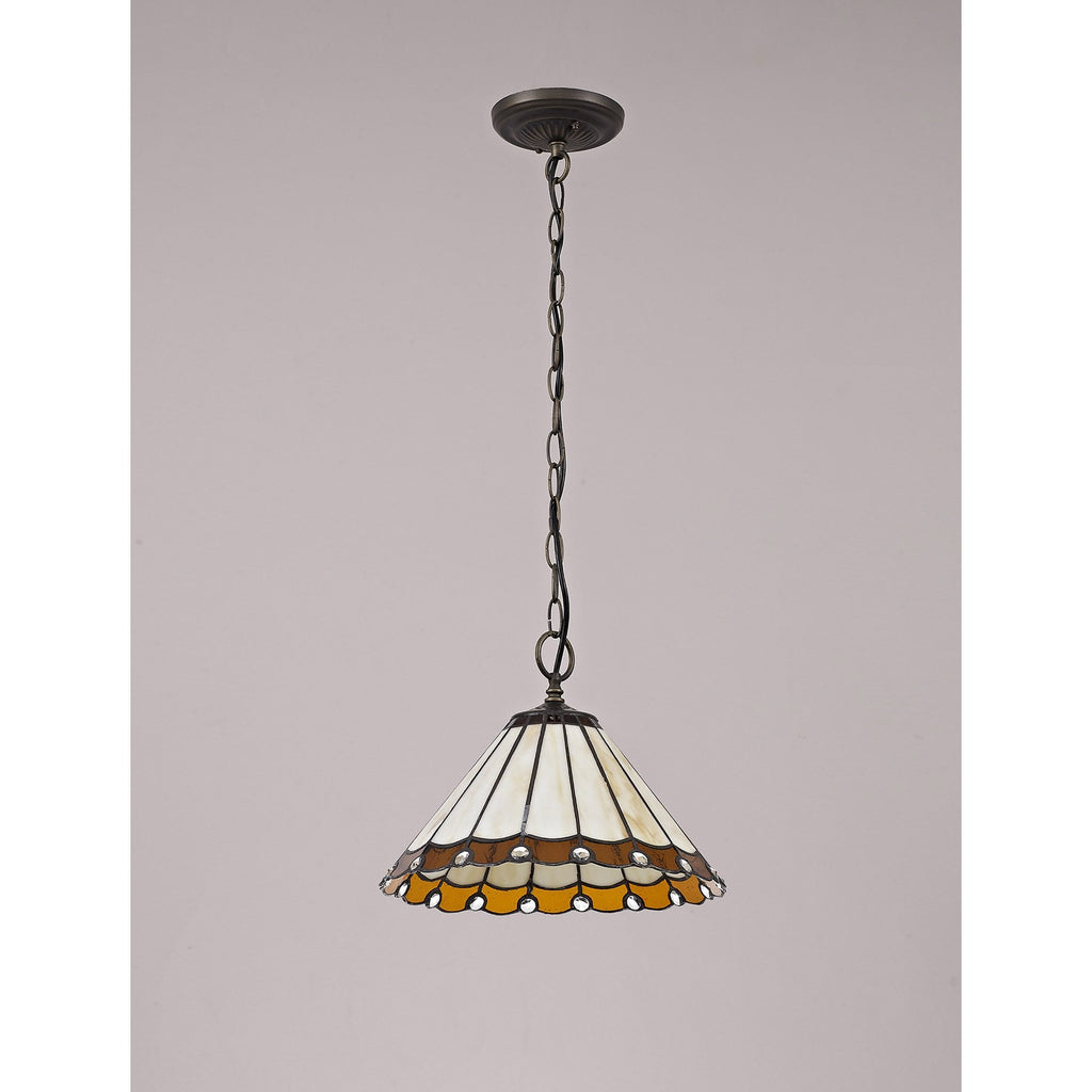 NLK02649 Umbrian 1 Light Down Lighter Pendant With 30cm Tiffany Shade Amber/Chrome/Crystal/Aged Antique Brass