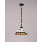 NLK02649 Umbrian 1 Light Down Lighter Pendant With 30cm Tiffany Shade Amber/Chrome/Crystal/Aged Antique Brass