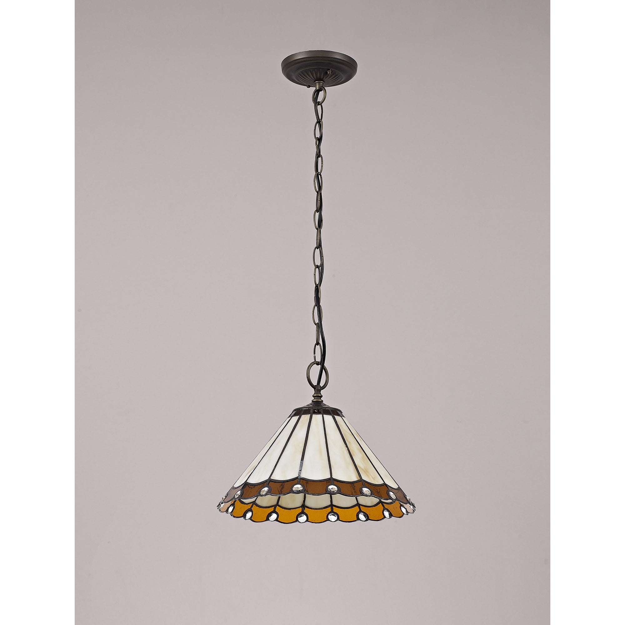 NLK02649 Umbrian 1 Light Down Lighter Pendant With 30cm Tiffany Shade Amber/Chrome/Crystal/Aged Antique Brass