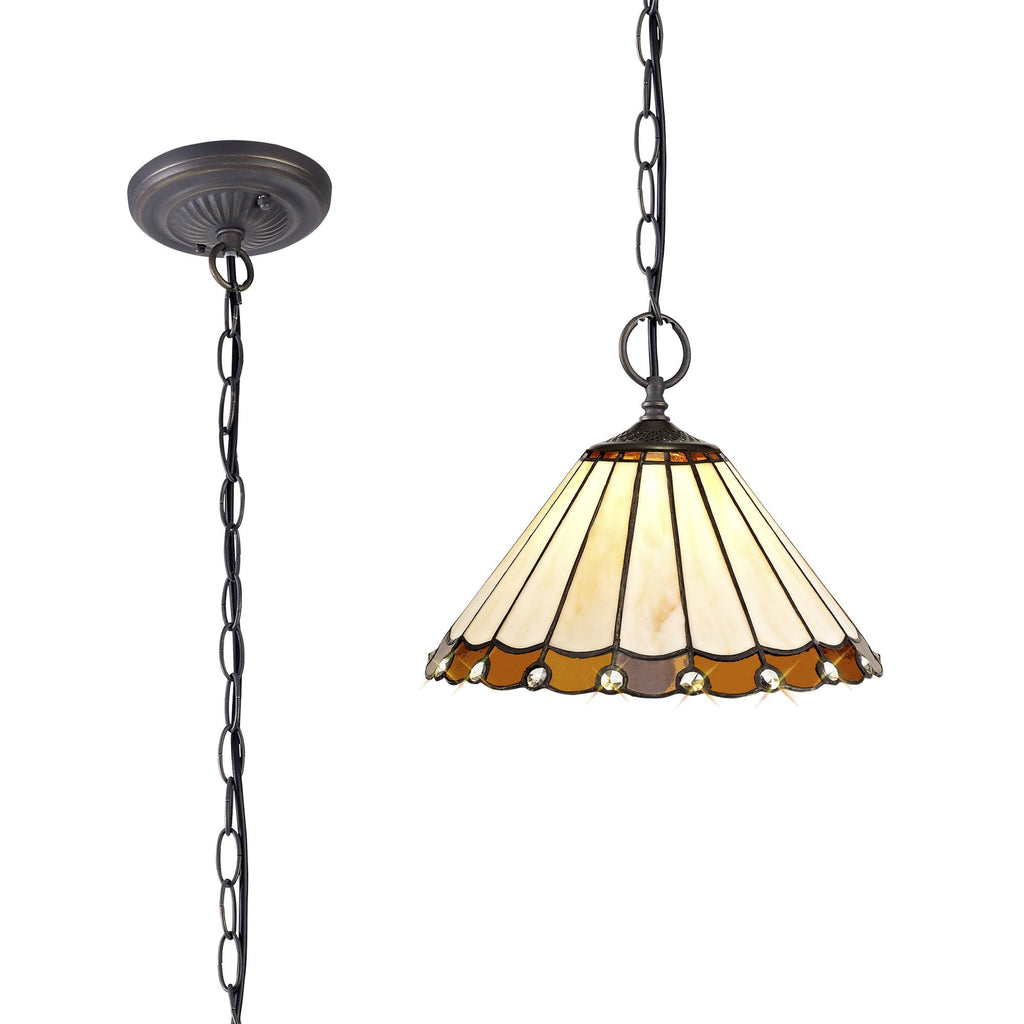 NLK02659 Umbrian 2 Light Down Lighter Pendant With 30cm Tiffany Shade Amber/Chrome/Crystal/Aged Antique Brass