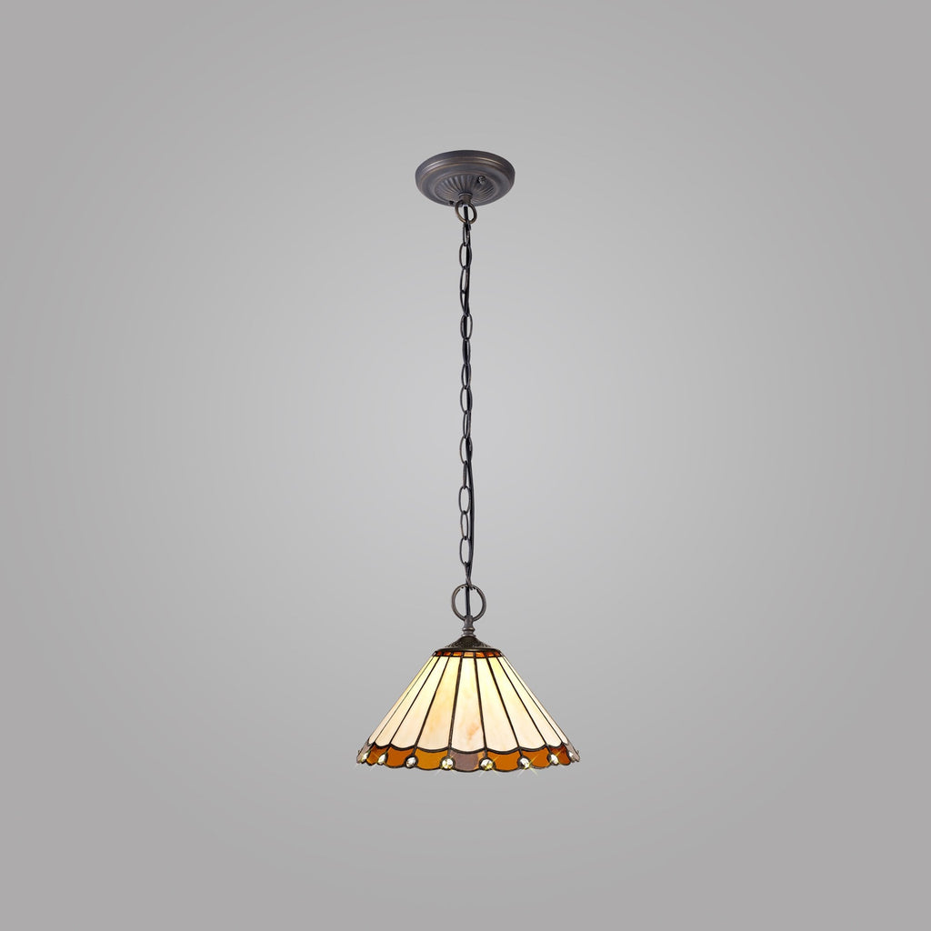 NLK02659 Umbrian 2 Light Down Lighter Pendant With 30cm Tiffany Shade Amber/Chrome/Crystal/Aged Antique Brass