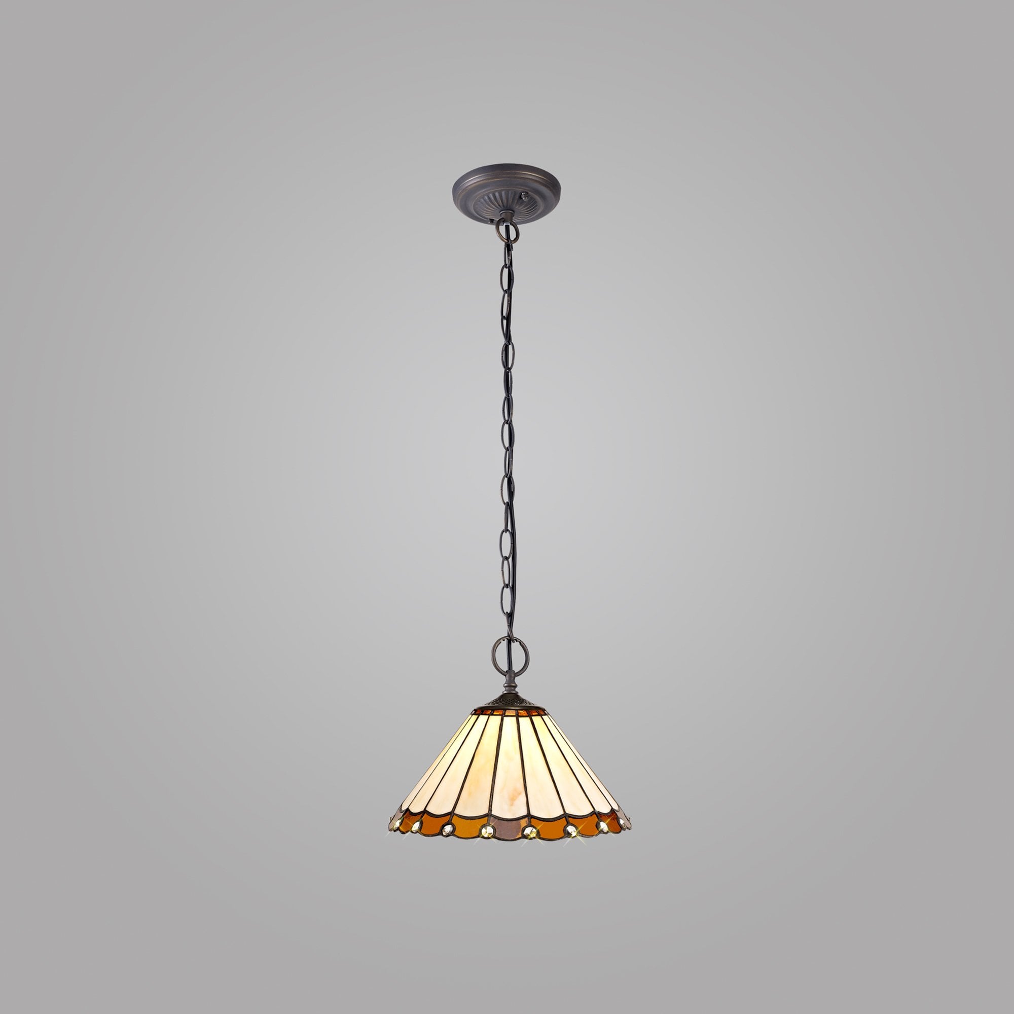 NLK02659 Umbrian 2 Light Down Lighter Pendant With 30cm Tiffany Shade Amber/Chrome/Crystal/Aged Antique Brass
