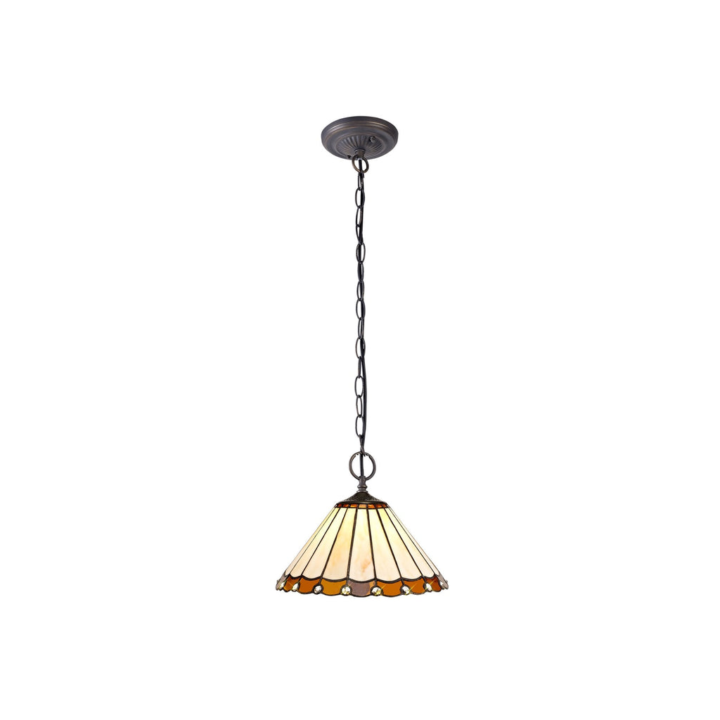 NLK02659 Umbrian 2 Light Down Lighter Pendant With 30cm Tiffany Shade Amber/Chrome/Crystal/Aged Antique Brass