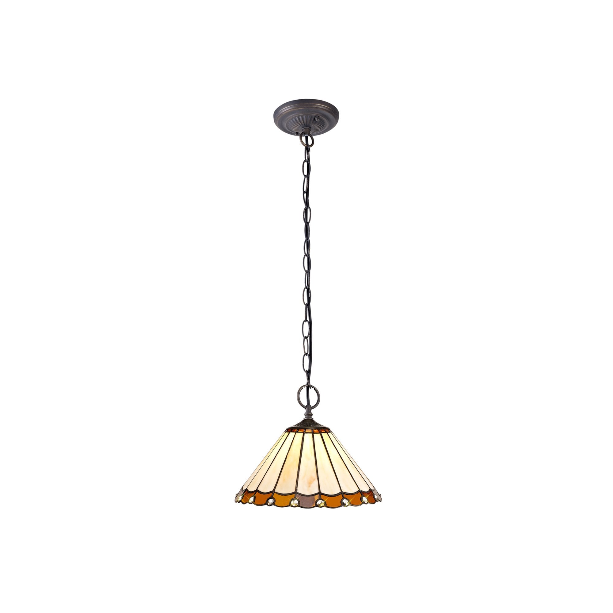 NLK02659 Umbrian 2 Light Down Lighter Pendant With 30cm Tiffany Shade Amber/Chrome/Crystal/Aged Antique Brass
