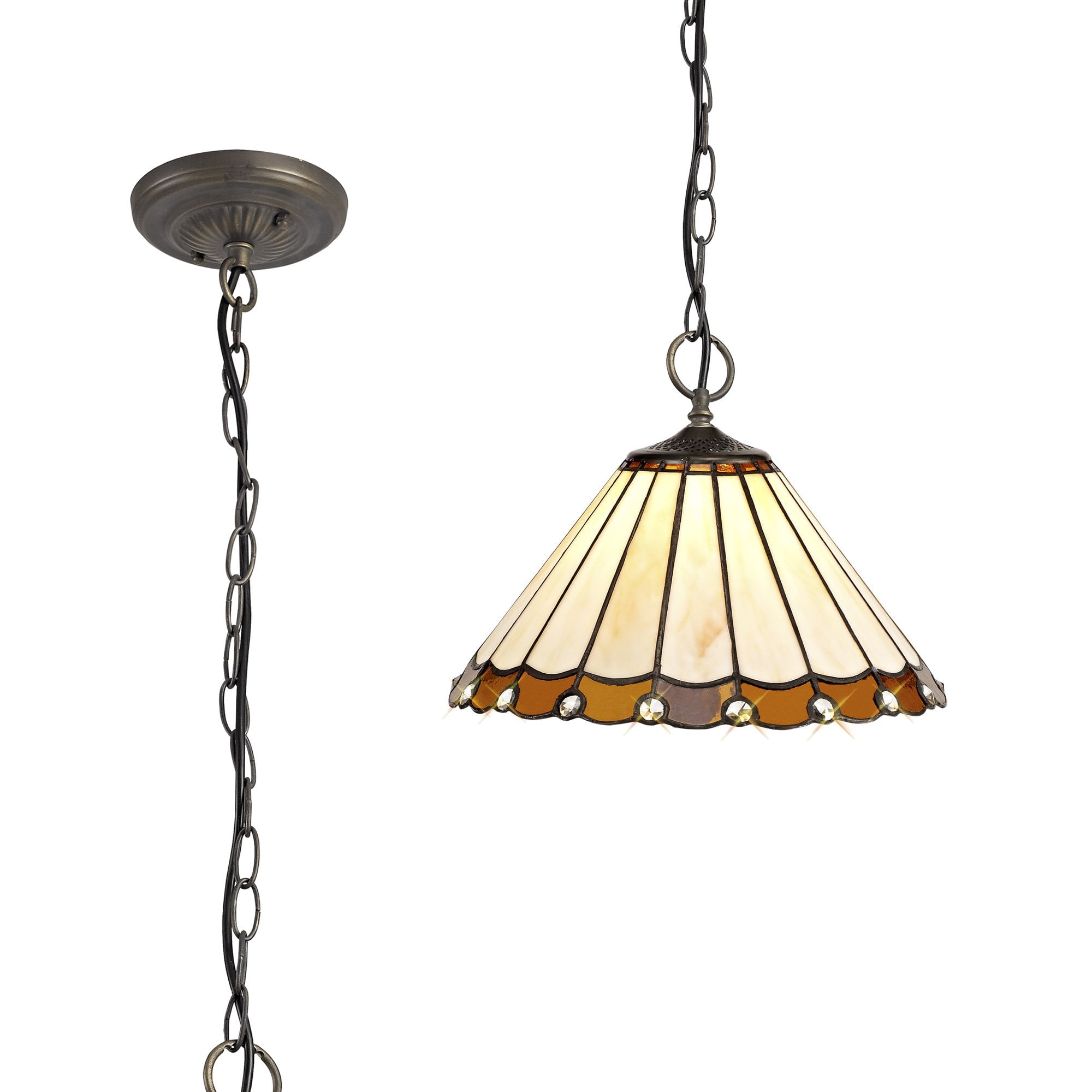 NLK02669 Umbrian 3 Light Down Lighter Pendant With 30cm Tiffany Shade Amber/Chrome/Crystal/Aged Antique Brass