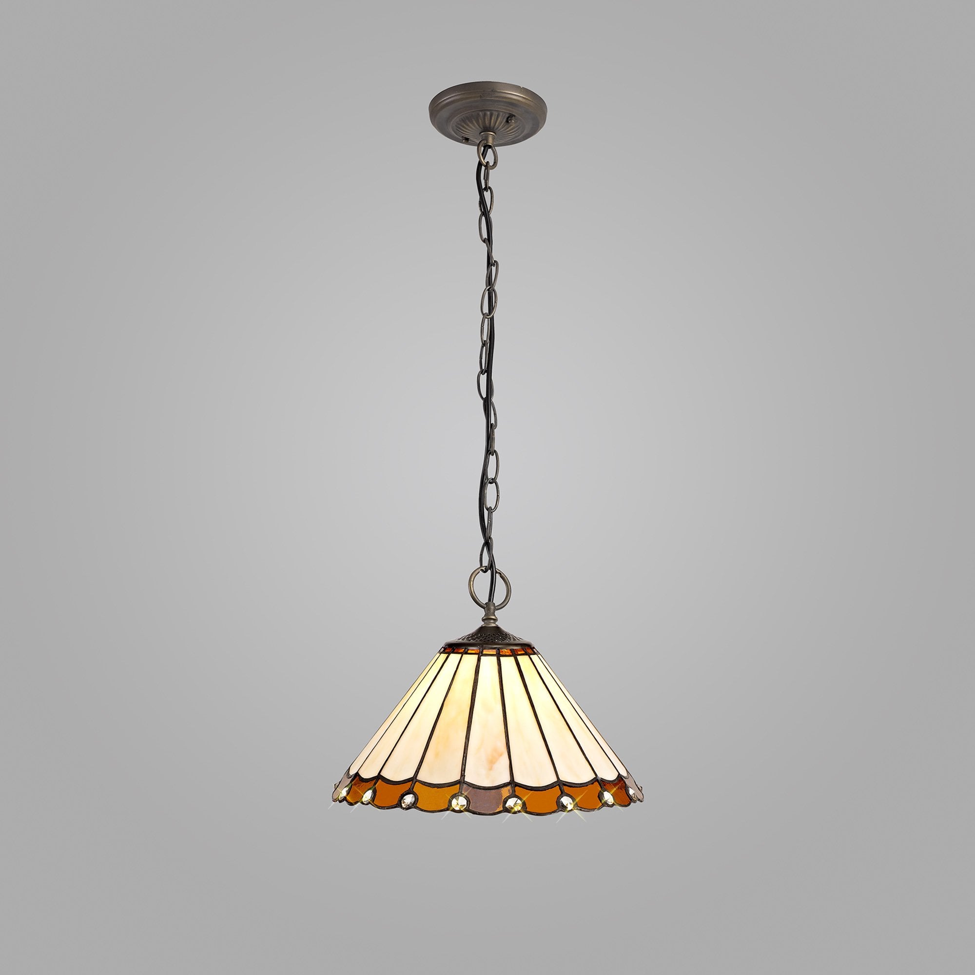 NLK02669 Umbrian 3 Light Down Lighter Pendant With 30cm Tiffany Shade Amber/Chrome/Crystal/Aged Antique Brass