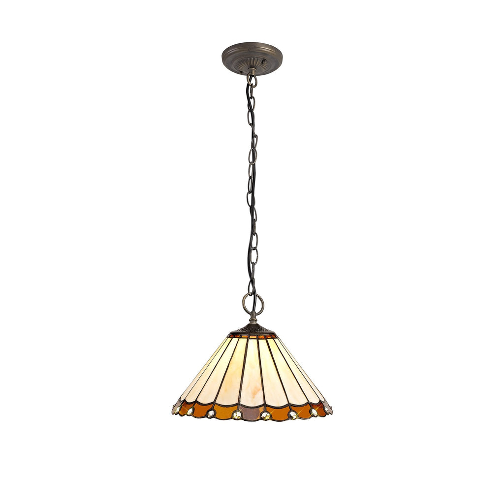 NLK02669 Umbrian 3 Light Down Lighter Pendant With 30cm Tiffany Shade Amber/Chrome/Crystal/Aged Antique Brass
