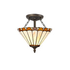 NLK02679 Umbrian 2 Light Semi Ceiling With 30cm Tiffany Shade Amber/Chrome/Crystal/Aged Antique Brass
