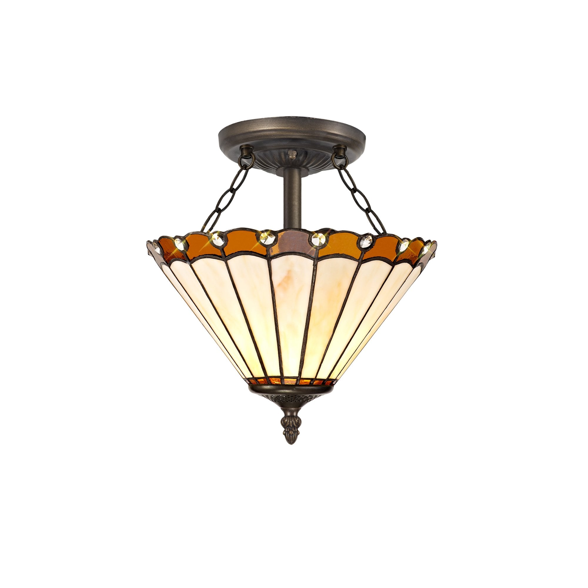 NLK02679 Umbrian 2 Light Semi Ceiling With 30cm Tiffany Shade Amber/Chrome/Crystal/Aged Antique Brass