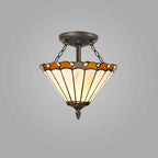 NLK02679 Umbrian 2 Light Semi Ceiling With 30cm Tiffany Shade Amber/Chrome/Crystal/Aged Antique Brass
