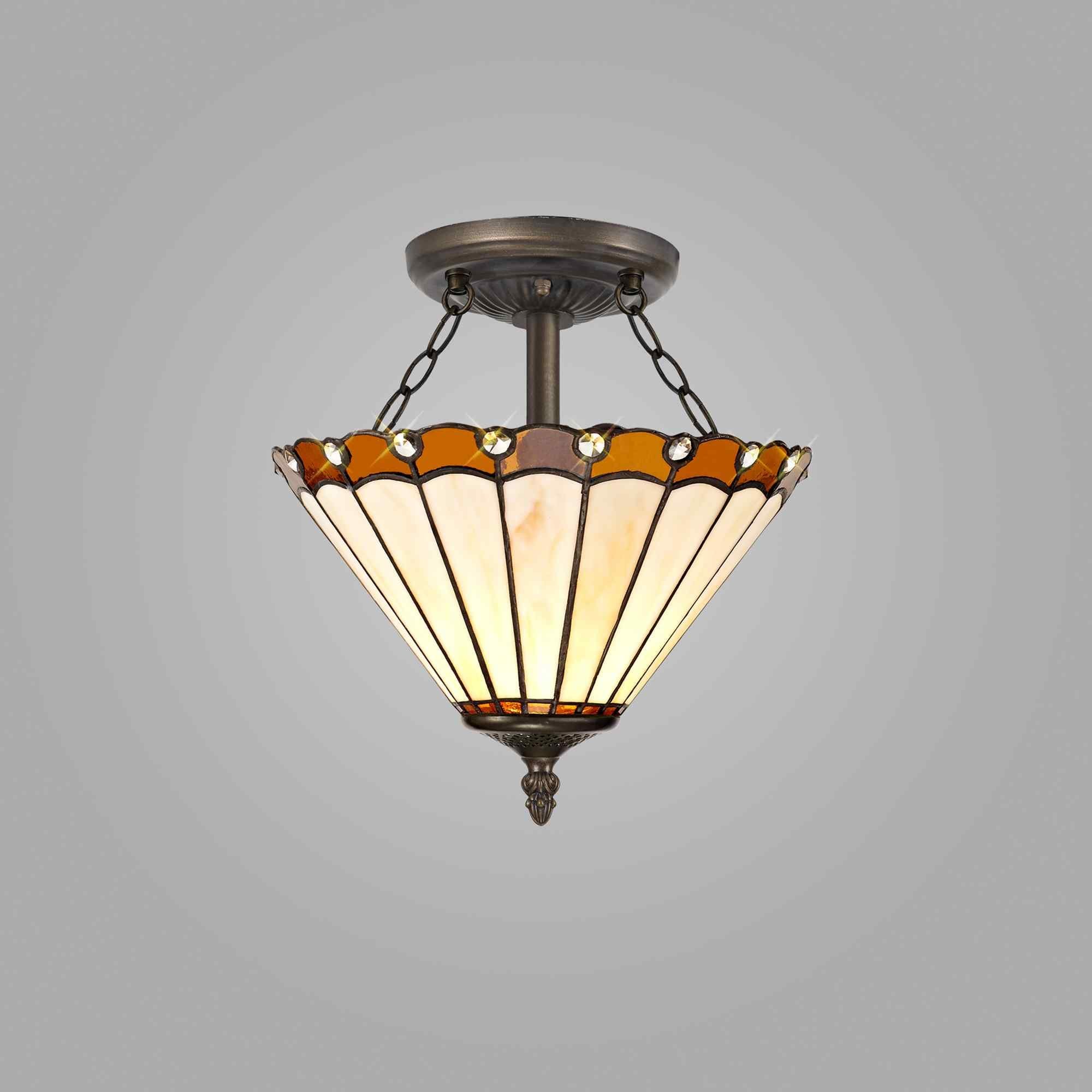 NLK02679 Umbrian 2 Light Semi Ceiling With 30cm Tiffany Shade Amber/Chrome/Crystal/Aged Antique Brass