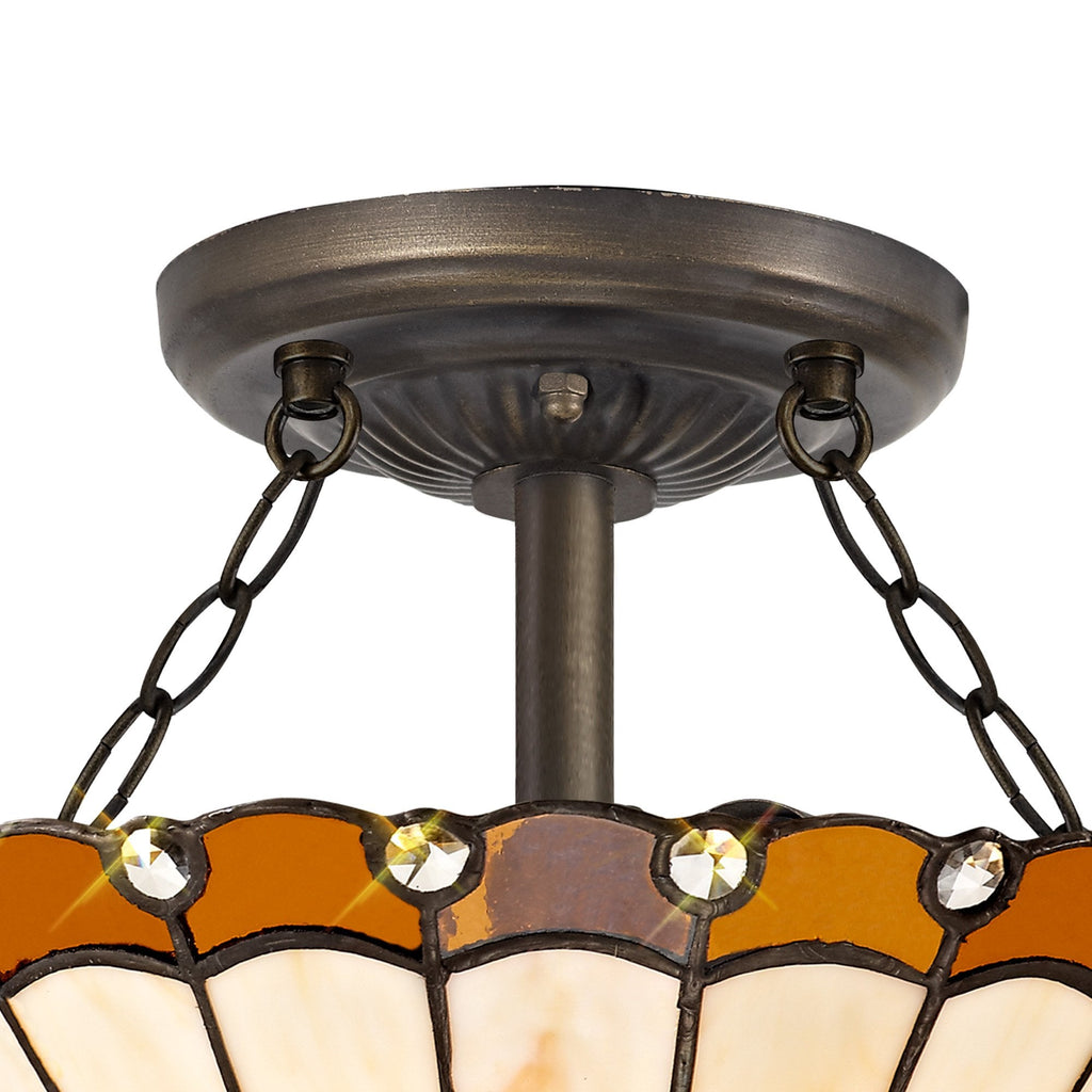 NLK02679 Umbrian 2 Light Semi Ceiling With 30cm Tiffany Shade Amber/Chrome/Crystal/Aged Antique Brass