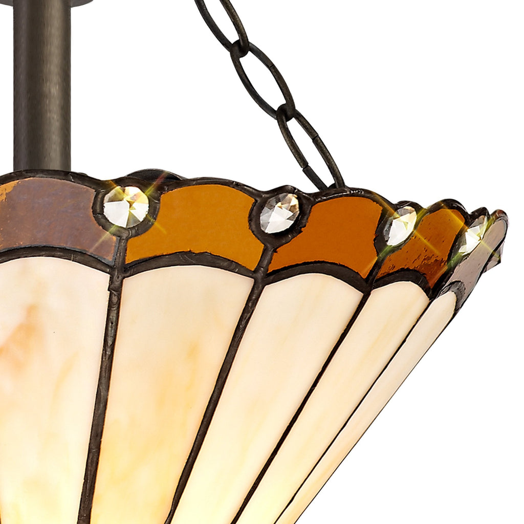 NLK02679 Umbrian 2 Light Semi Ceiling With 30cm Tiffany Shade Amber/Chrome/Crystal/Aged Antique Brass