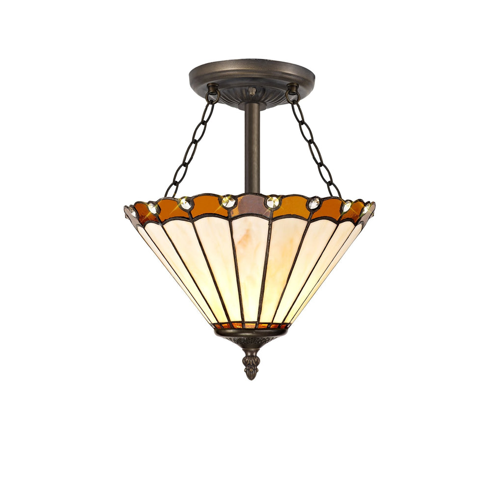 NLK02689 Umbrian 3 Light Semi Ceiling With 30cm Tiffany Shade Amber/Chrome/Crystal/Aged Antique Brass