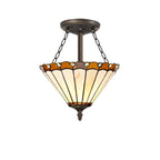 NLK02689 Umbrian 3 Light Semi Ceiling With 30cm Tiffany Shade Amber/Chrome/Crystal/Aged Antique Brass