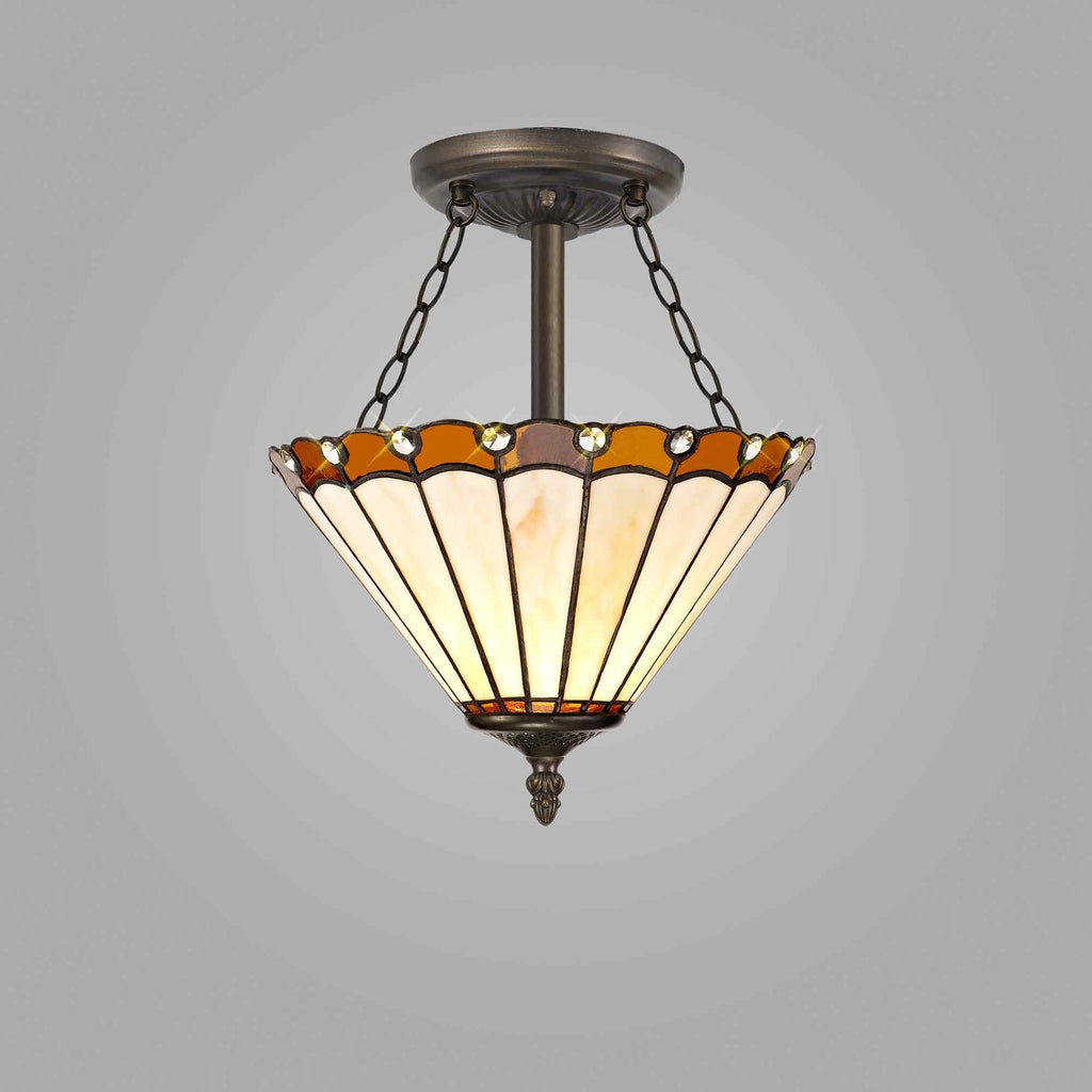 NLK02689 Umbrian 3 Light Semi Ceiling With 30cm Tiffany Shade Amber/Chrome/Crystal/Aged Antique Brass