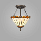 NLK02689 Umbrian 3 Light Semi Ceiling With 30cm Tiffany Shade Amber/Chrome/Crystal/Aged Antique Brass