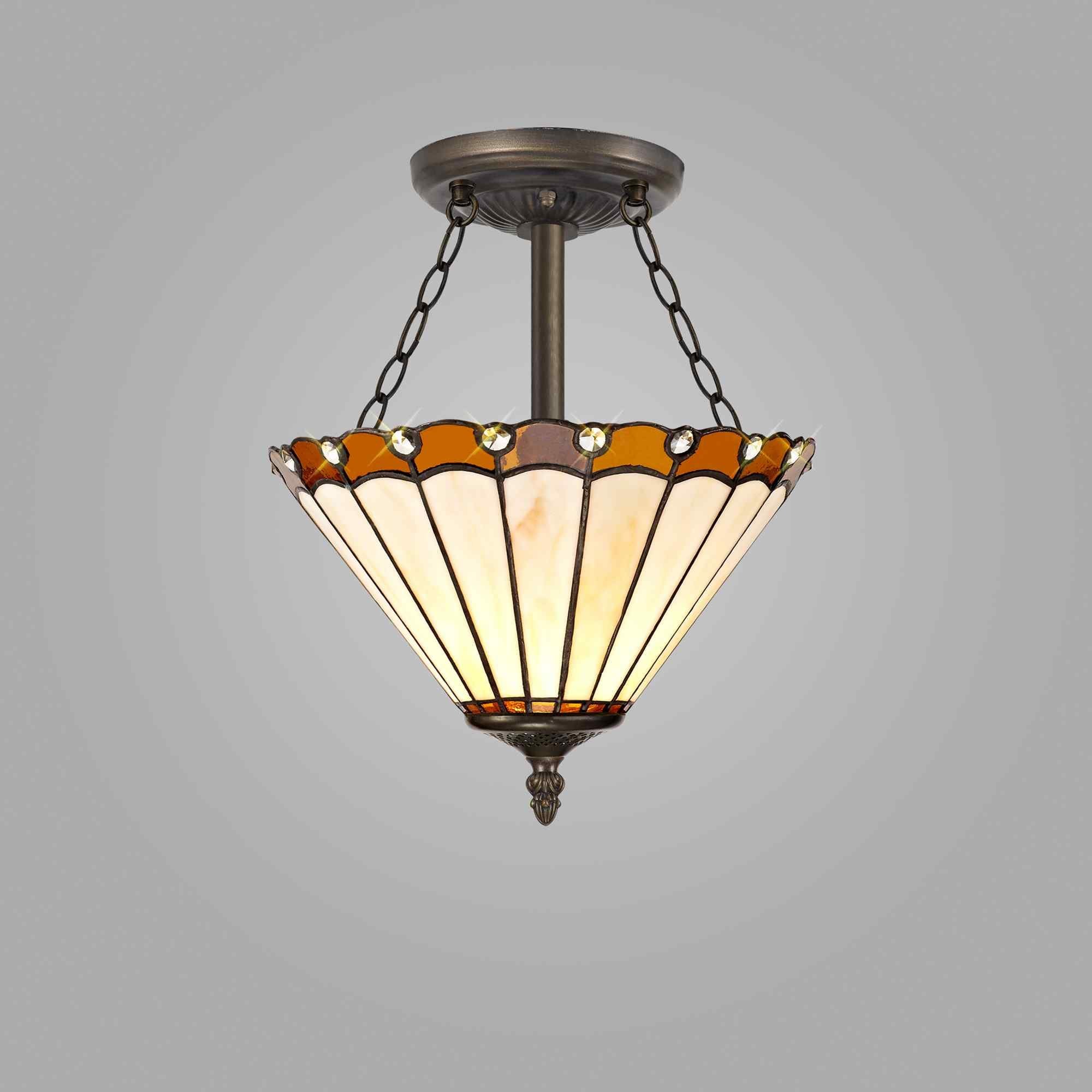NLK02689 Umbrian 3 Light Semi Ceiling With 30cm Tiffany Shade Amber/Chrome/Crystal/Aged Antique Brass