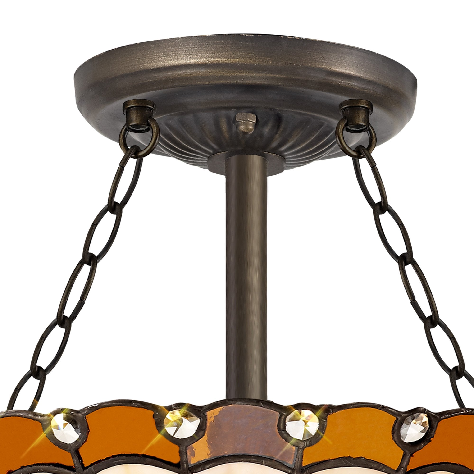 NLK02689 Umbrian 3 Light Semi Ceiling With 30cm Tiffany Shade Amber/Chrome/Crystal/Aged Antique Brass