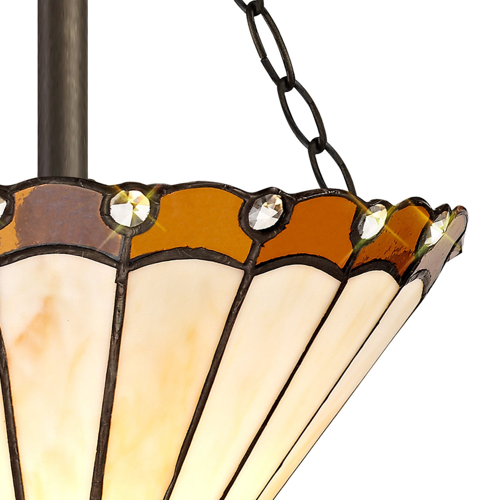 NLK02689 Umbrian 3 Light Semi Ceiling With 30cm Tiffany Shade Amber/Chrome/Crystal/Aged Antique Brass