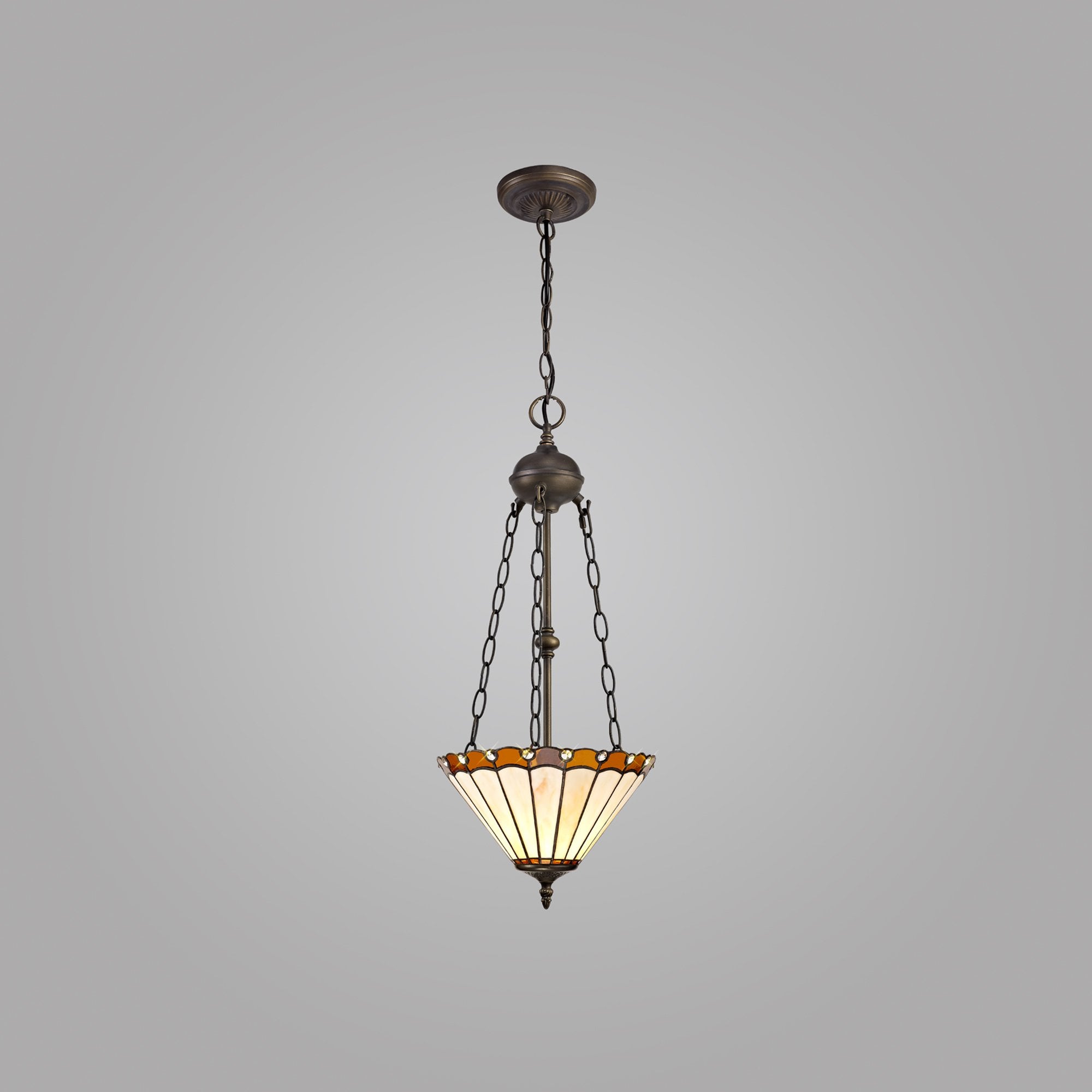 NLK02699 Umbrian 2 Light Up Lighter Pendant With 30cm Tiffany Shade Amber/Chrome/Crystal/Aged Antique Brass