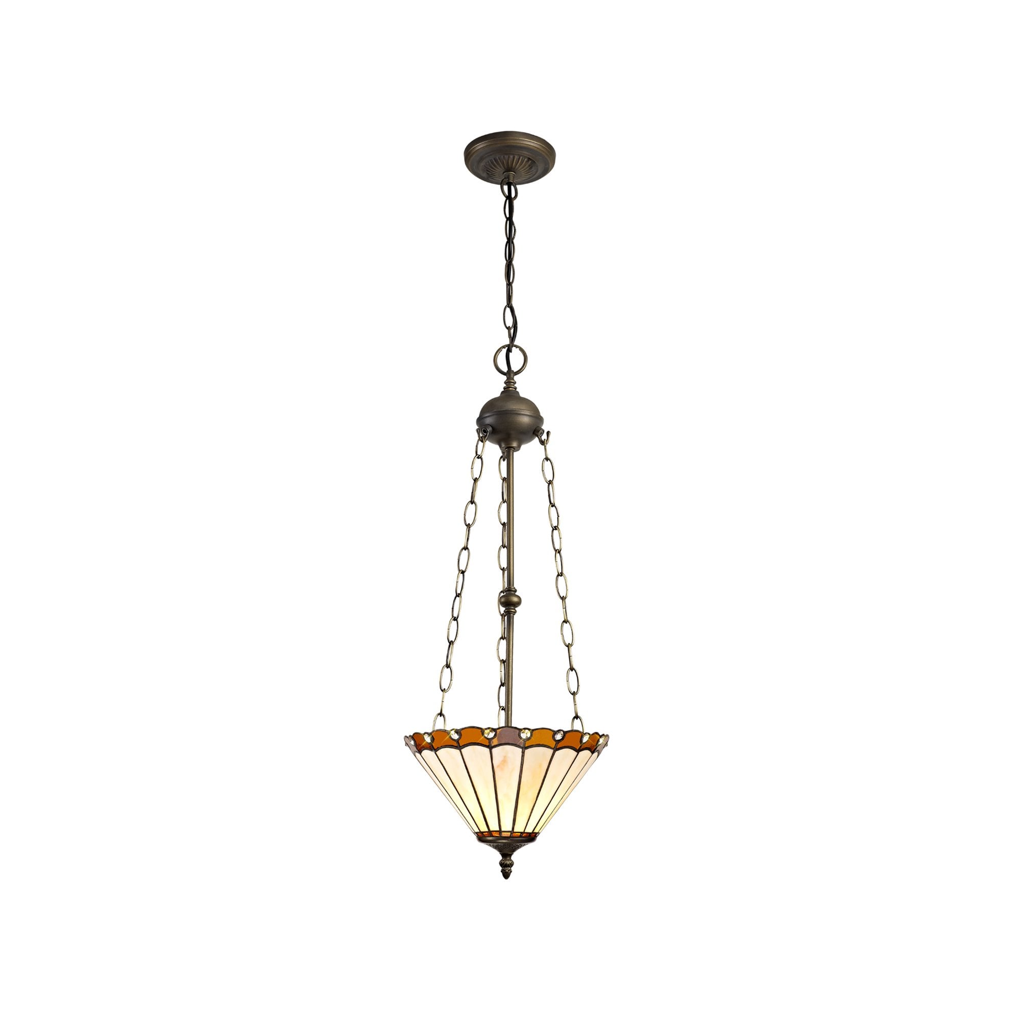 NLK02709 Umbrian 3 Light Up Lighter Pendant With 30cm Tiffany Shade Amber/Chrome/Crystal/Aged Antique Brass