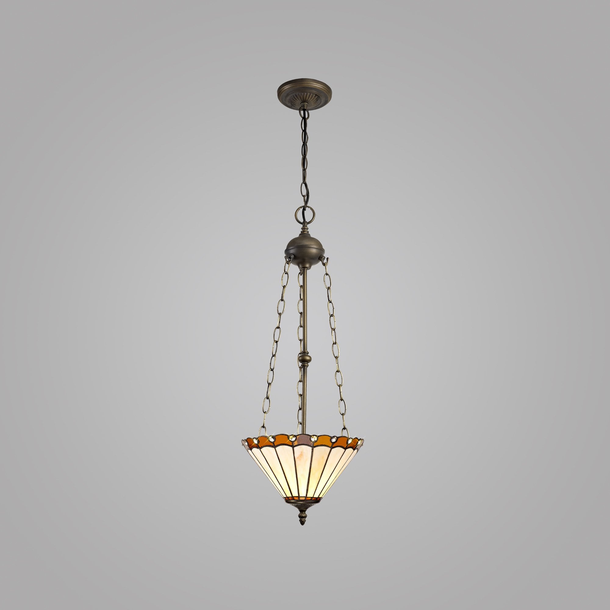NLK02709 Umbrian 3 Light Up Lighter Pendant With 30cm Tiffany Shade Amber/Chrome/Crystal/Aged Antique Brass