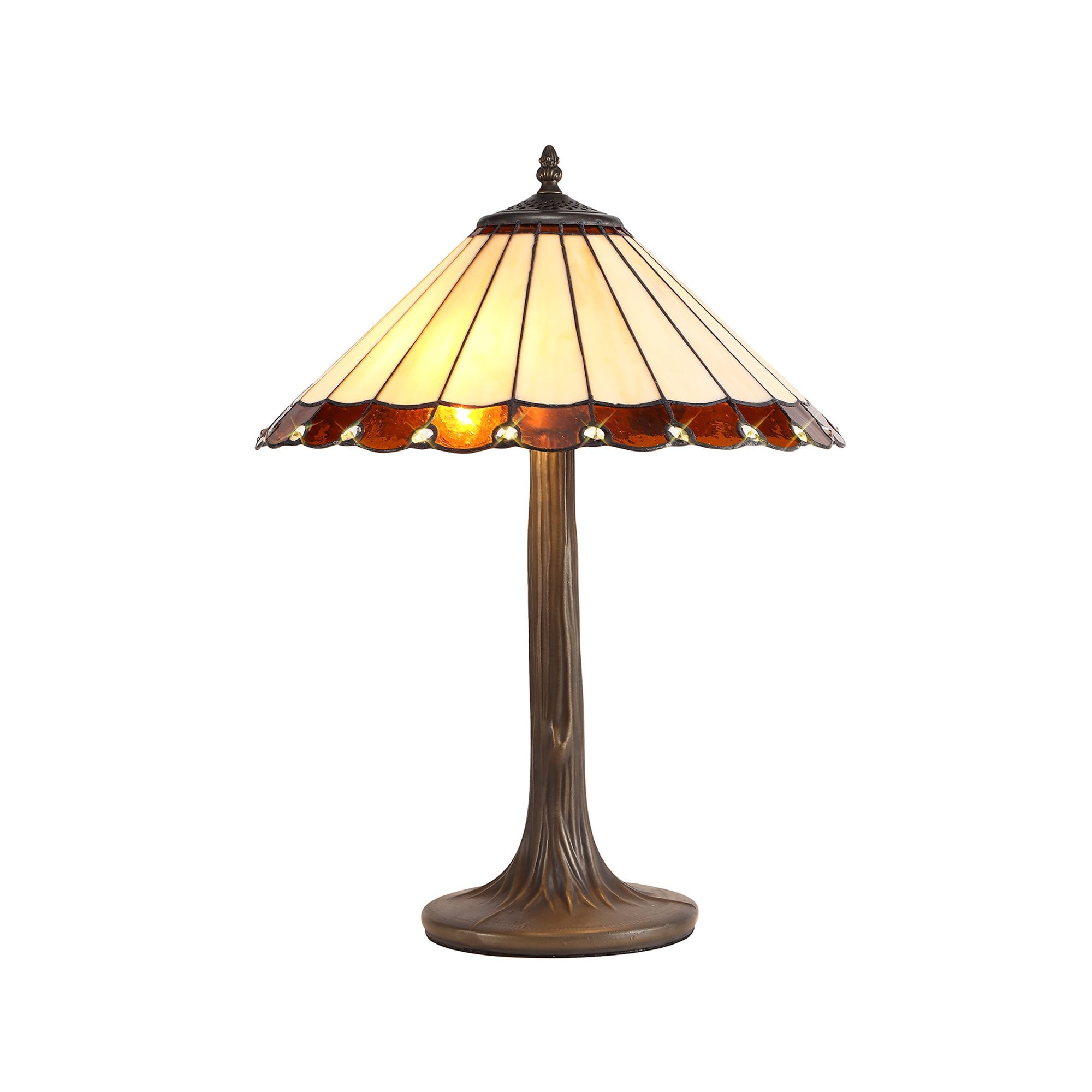 NLK02719 Umbrian 2 Light Tree Like Table Lamp With 40cm Tiffany Shade Amber/Chrome/Crystal/Aged Antique Brass