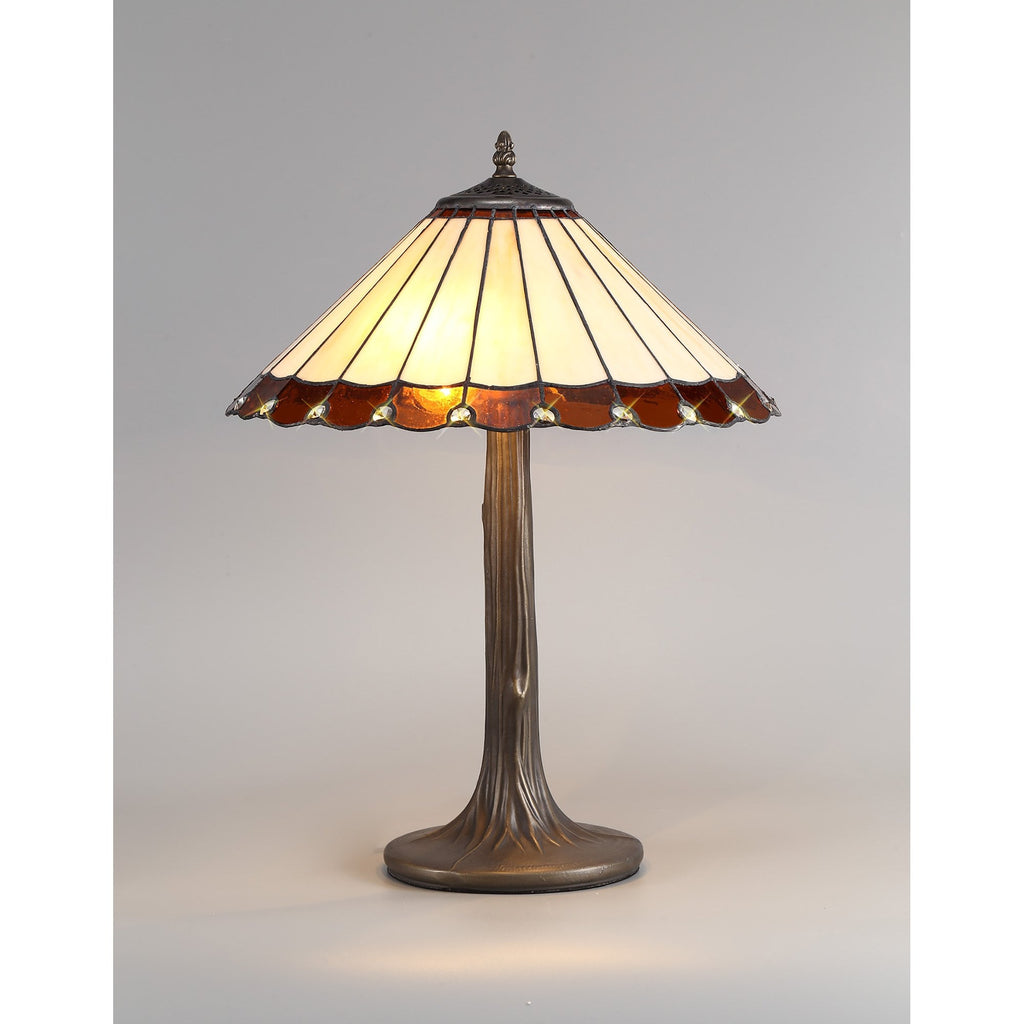 NLK02719 Umbrian 2 Light Tree Like Table Lamp With 40cm Tiffany Shade Amber/Chrome/Crystal/Aged Antique Brass