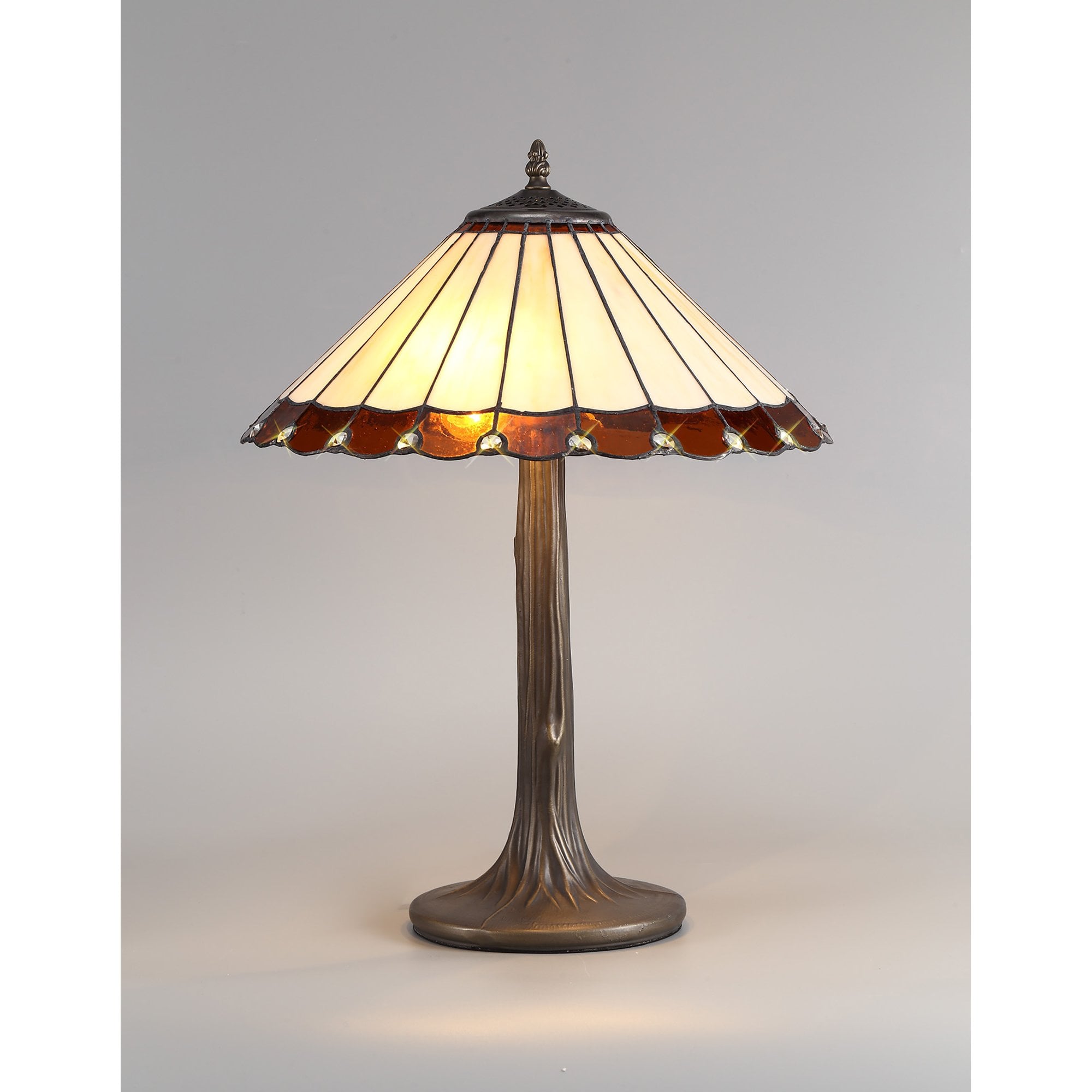 NLK02719 Umbrian 2 Light Tree Like Table Lamp With 40cm Tiffany Shade Amber/Chrome/Crystal/Aged Antique Brass