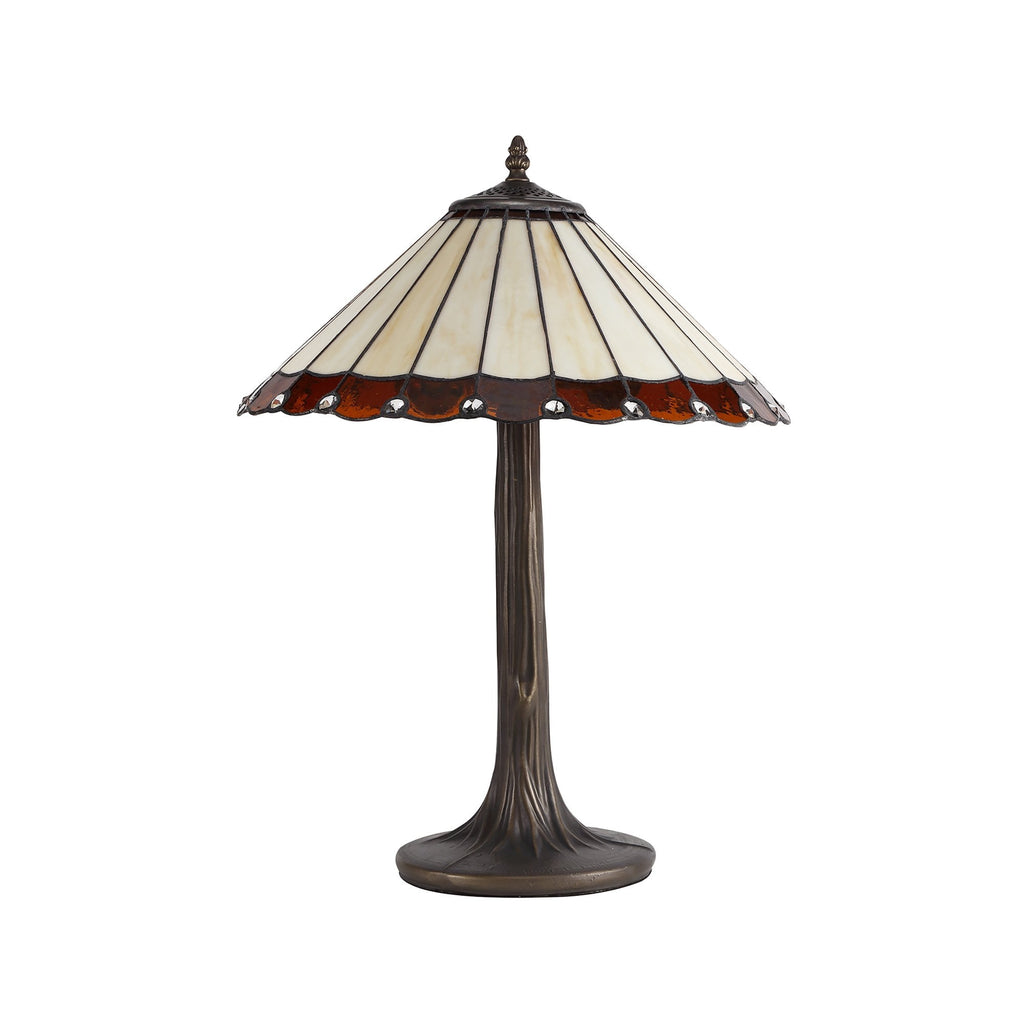 NLK02719 Umbrian 2 Light Tree Like Table Lamp With 40cm Tiffany Shade Amber/Chrome/Crystal/Aged Antique Brass