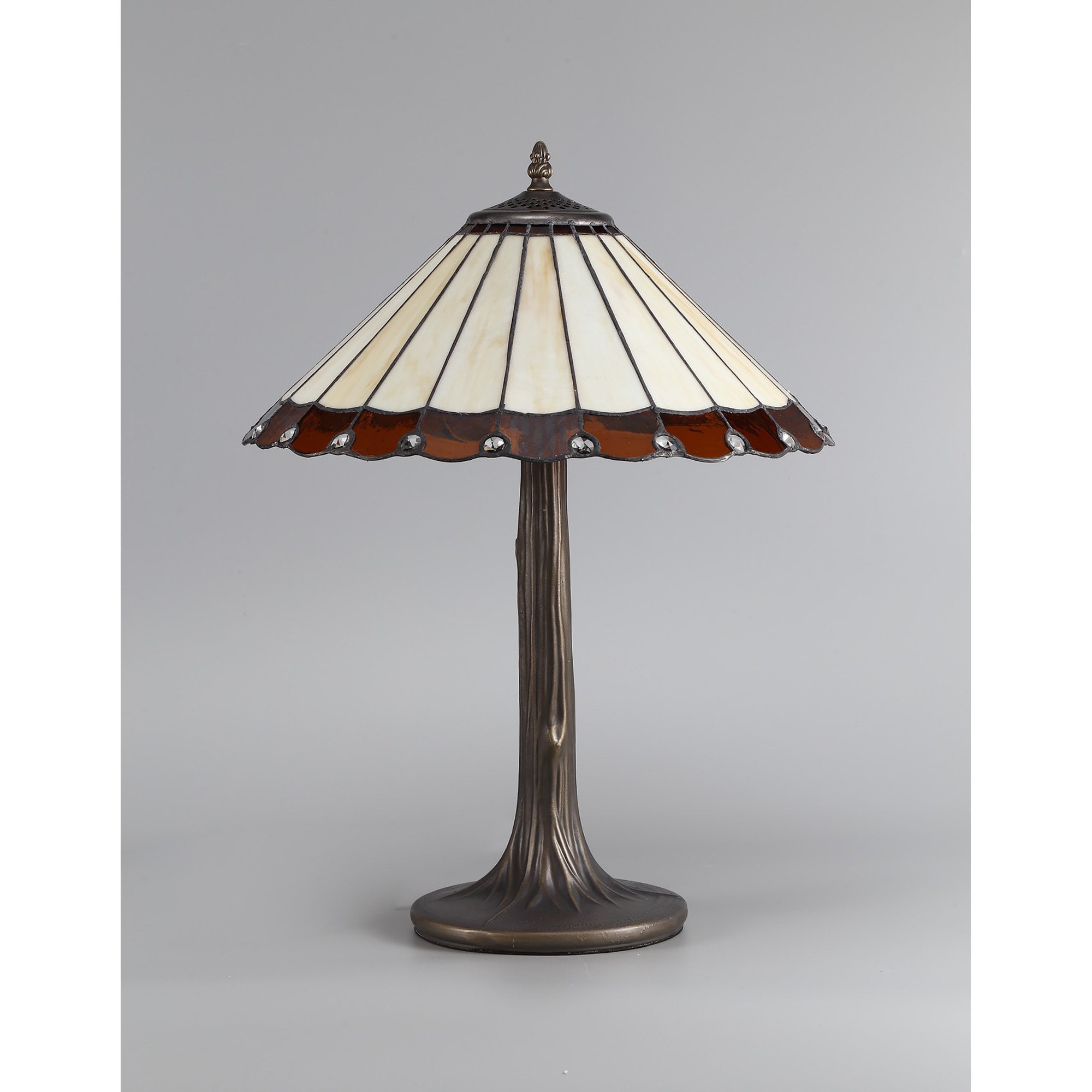 NLK02719 Umbrian 2 Light Tree Like Table Lamp With 40cm Tiffany Shade Amber/Chrome/Crystal/Aged Antique Brass