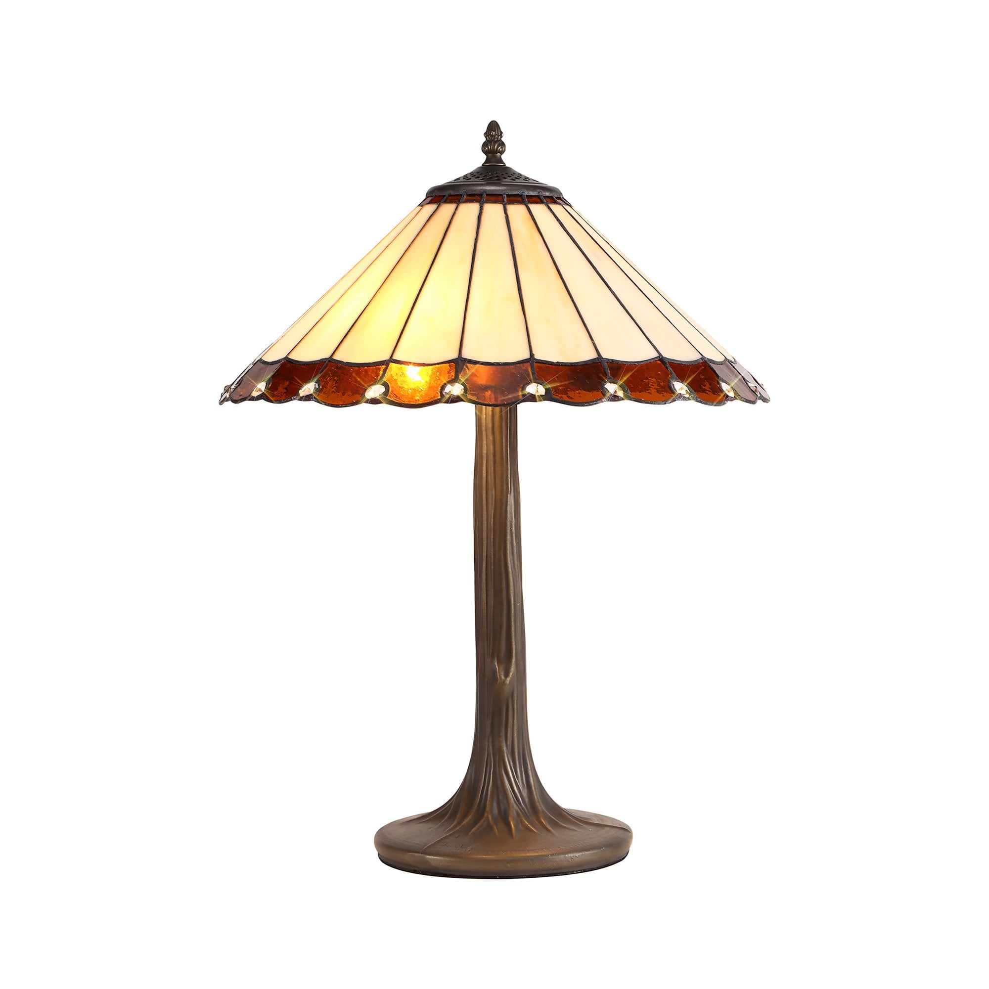 NLK02729 Umbrian 2 Light Curved Table Lamp With 40cm Tiffany Shade Amber/Chrome/Crystal/Aged Antique Brass