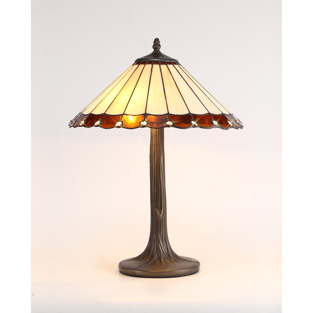 NLK02729 Umbrian 2 Light Curved Table Lamp With 40cm Tiffany Shade Amber/Chrome/Crystal/Aged Antique Brass