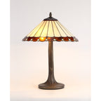 NLK02729 Umbrian 2 Light Curved Table Lamp With 40cm Tiffany Shade Amber/Chrome/Crystal/Aged Antique Brass