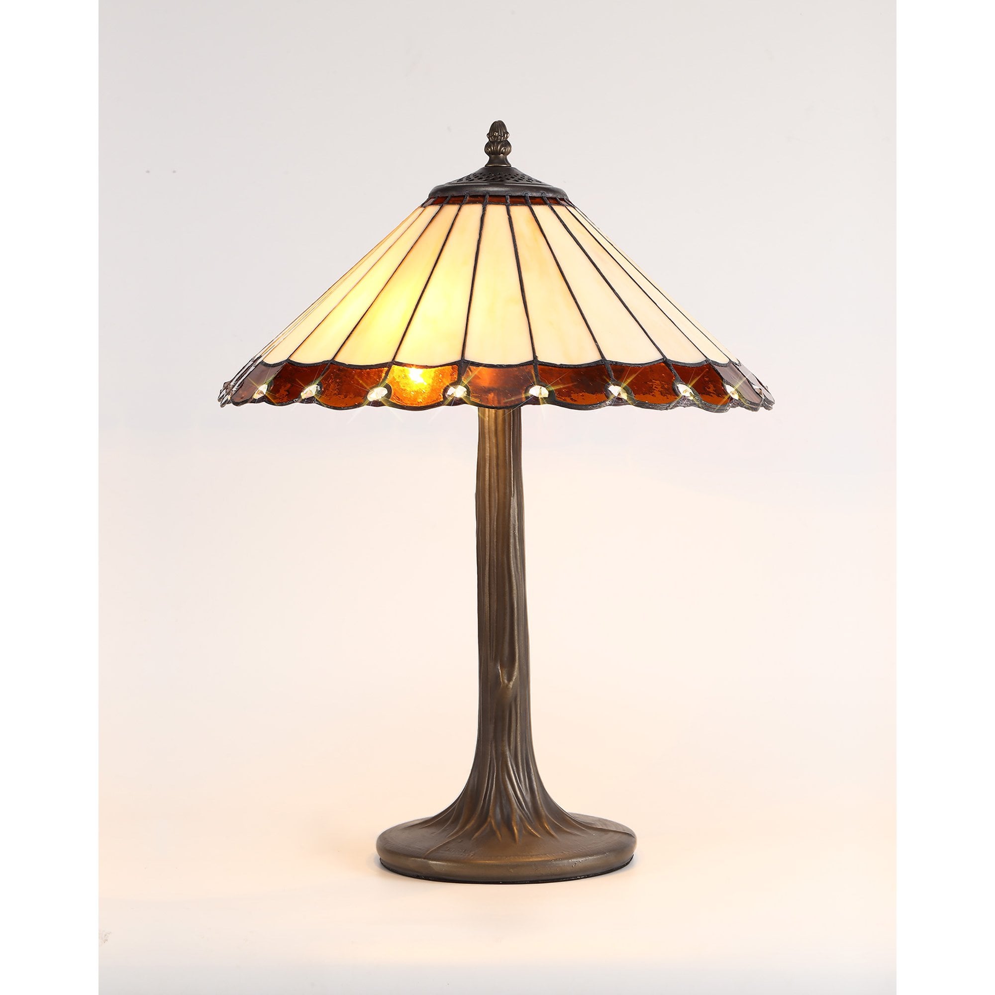 NLK02729 Umbrian 2 Light Curved Table Lamp With 40cm Tiffany Shade Amber/Chrome/Crystal/Aged Antique Brass